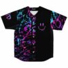 Black baseball jersey with neon pink and blue paint splatter and drippy smiley face
