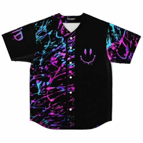 Black baseball jersey with neon pink and blue paint splatter and drippy smiley face