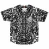 Black and white symmetrical rave jersey with dense geometric doodle pattern, flat front view