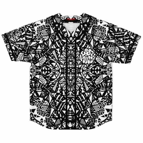 Black and white symmetrical rave jersey with dense geometric doodle pattern, flat front view
