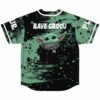 Back view of bubble print jersey reading Rave Grogu with green creature graphic in bandana