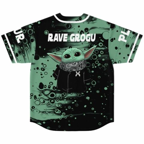 Back view of bubble print jersey reading Rave Grogu with green creature graphic in bandana