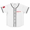 White rave baseball jersey front view with red deorro text and black button placket