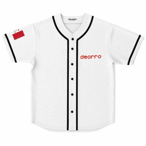 White rave baseball jersey front view with red deorro text and black button placket