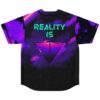 Back view of purple galaxy jersey with teal REALITY IS text above glowing triangle graphic