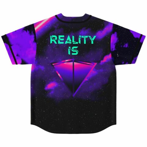 Back view of purple galaxy jersey with teal REALITY IS text above glowing triangle graphic