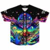 Psychedelic meditating face baseball jersey with cosmic bubbles and blue reaching hand, front view