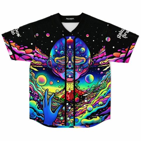 Psychedelic meditating face baseball jersey with cosmic bubbles and blue reaching hand, front view