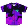 Purple starry cloud print baseball jersey with teal INZO logo on chest, front view