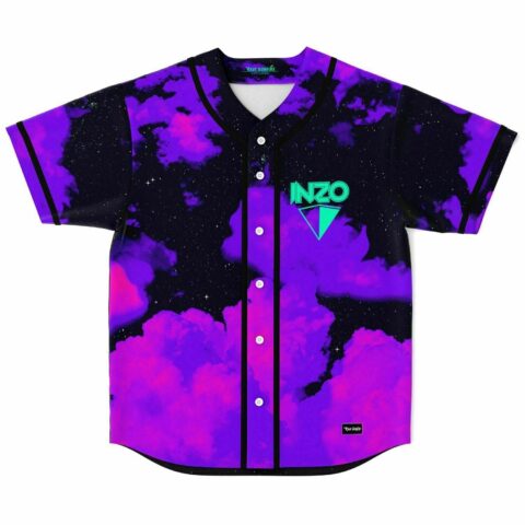 Purple starry cloud print baseball jersey with teal INZO logo on chest, front view