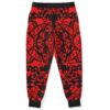 Bright red symmetrical tribal print joggers back view with mirrored mandala design