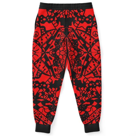 Bright red symmetrical tribal print joggers back view with mirrored mandala design