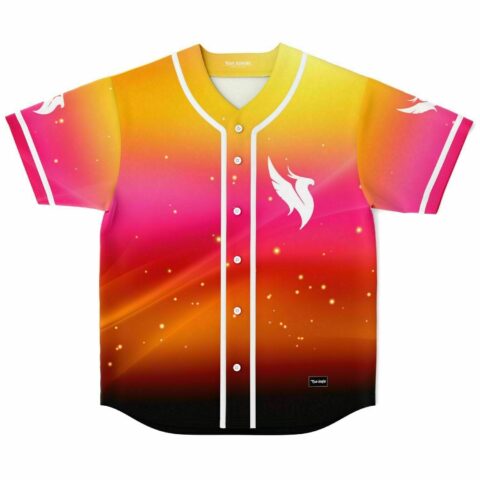 sunset gradient rave baseball jersey with white phoenix logo front view