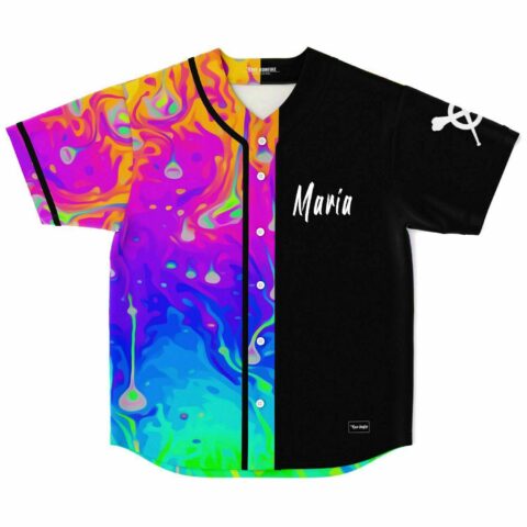 Front view of neon acid trip baseball jersey with black split side, Maria name print