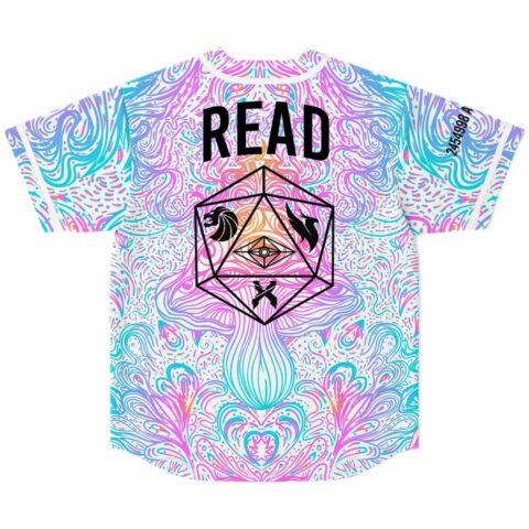 Back view of pastel swirl jersey with READ text and geometric die graphic