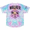Back view of pastel psychedelic swirl baseball jersey with WALKER text and mushroom D20 icon