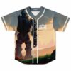 Giant robot baseball jersey front view with glowing blue eyes and sunset cityscape print
