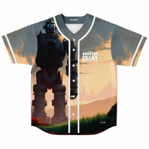 Giant robot baseball jersey front view with glowing blue eyes and sunset cityscape print