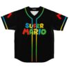 Black game-inspired baseball jersey with colorful Super Mario text on front placket
