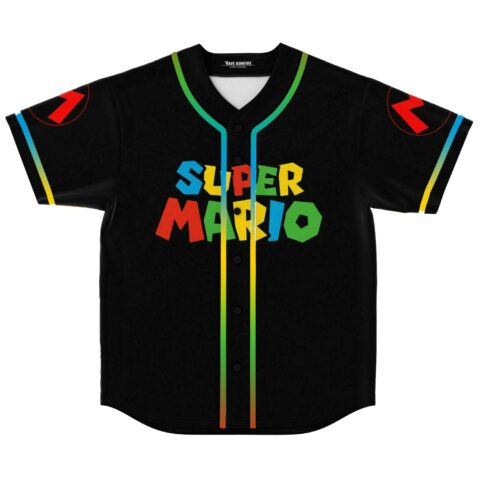 Black game-inspired baseball jersey with colorful Super Mario text on front placket
