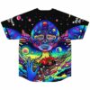 Rave baseball jersey back view showing trippy melting face design under a starry night sky