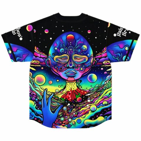 Rave baseball jersey back view showing trippy melting face design under a starry night sky