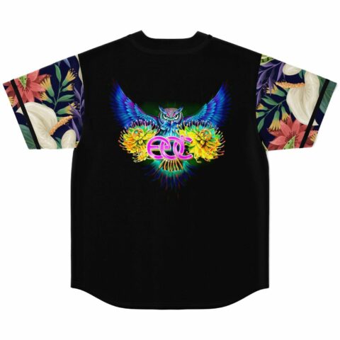 Neon owl and glowing EDC logo print on black jersey back with floral sleeve panels