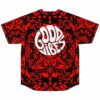 Red and black tribal print baseball jersey with bold Good Vibes text across the back