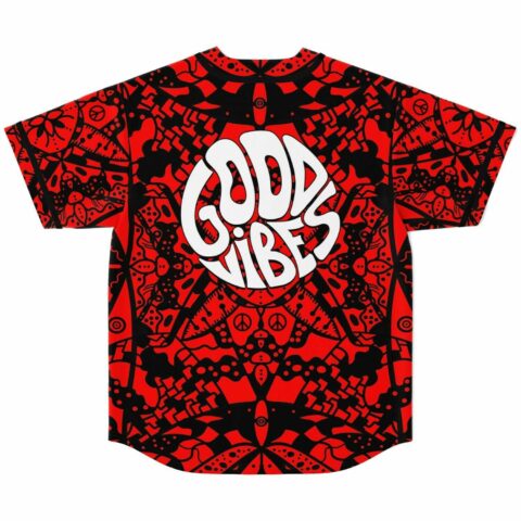 Red and black tribal print baseball jersey with bold Good Vibes text across the back
