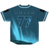 Nurko teal night landscape rave jersey back view with NURKO 77 lettering over aurora sky