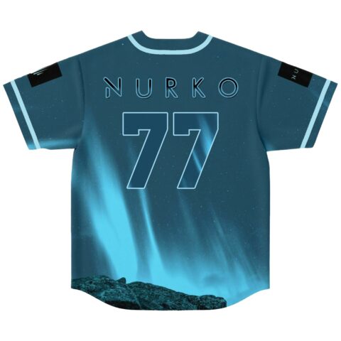 Nurko teal night landscape rave jersey back view with NURKO 77 lettering over aurora sky