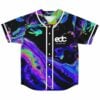 Front view of black baseball jersey with neon oil slick swirl print and EDC Las
