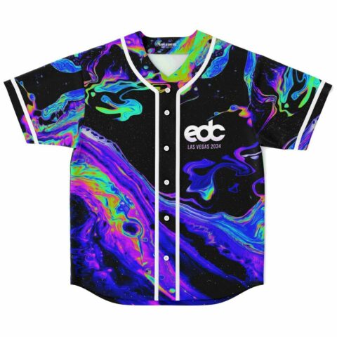 Front view of black baseball jersey with neon oil slick swirl print and EDC Las