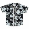 Grey camo festival baseball jersey front view with button placket and warning triangle chest patch
