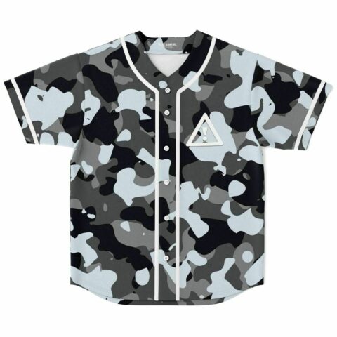 Grey camo festival baseball jersey front view with button placket and warning triangle chest patch