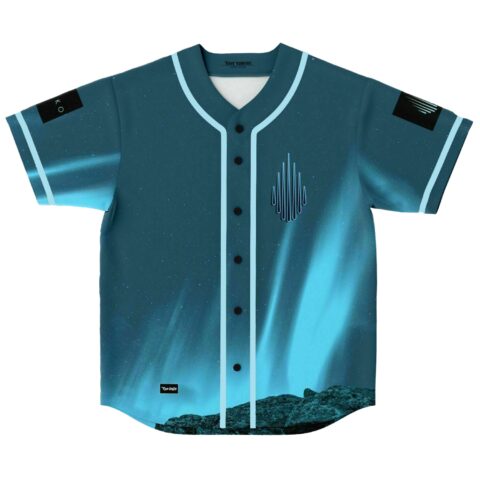 Teal aurora print baseball jersey with sound wave chest logo, front view