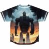 Giant robot rave baseball jersey back view showing towering figure over small silhouette at dusk