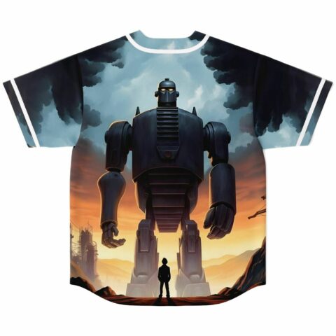 Giant robot rave baseball jersey back view showing towering figure over small silhouette at dusk