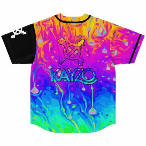 Back view of psychedelic melt print jersey featuring crossbones logo and bass-inspired lettering