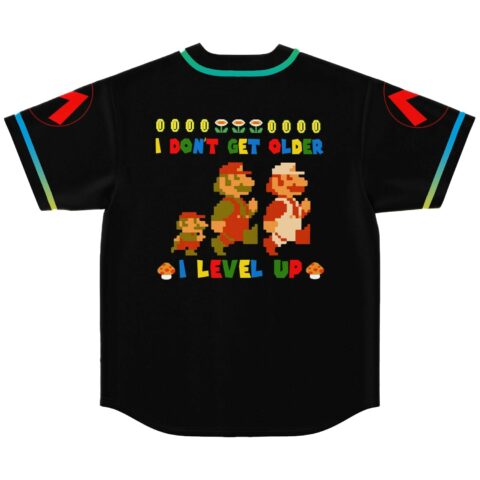 Back view showing pixel-art character evolution and I don't get older I level up text