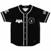 Black rave baseball jersey with bat-eared mask icon and spiked skull emblem front view