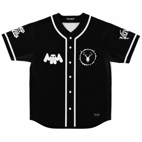 Black rave baseball jersey with bat-eared mask icon and spiked skull emblem front view