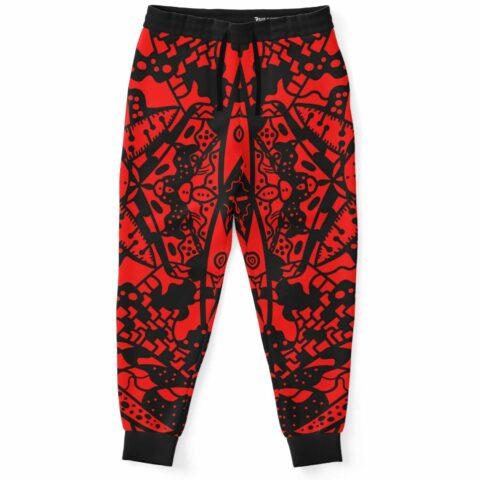 Red and black symmetrical tribal rave joggers front view with drawstring waist