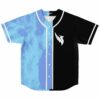 Split black and blue tie-dye rave baseball jersey with white wing logo, front view