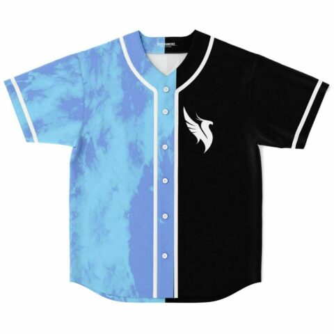 Split black and blue tie-dye rave baseball jersey with white wing logo, front view