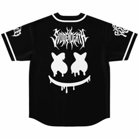 Dripping smiley mask design with SVDDEN DEATH lettering across the back in white