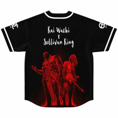 Back view of blood splatter jersey with skeletal figures graphic and Kai Wachi x Sullivan