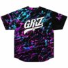 Back view of rave baseball jersey featuring GRiZ script lettering over neon splatter print