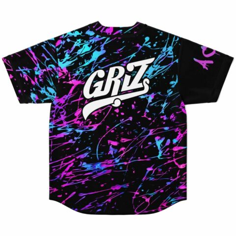 Back view of rave baseball jersey featuring GRiZ script lettering over neon splatter print