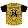 Yellow spider web jersey back view with black X headbanger graphic and text